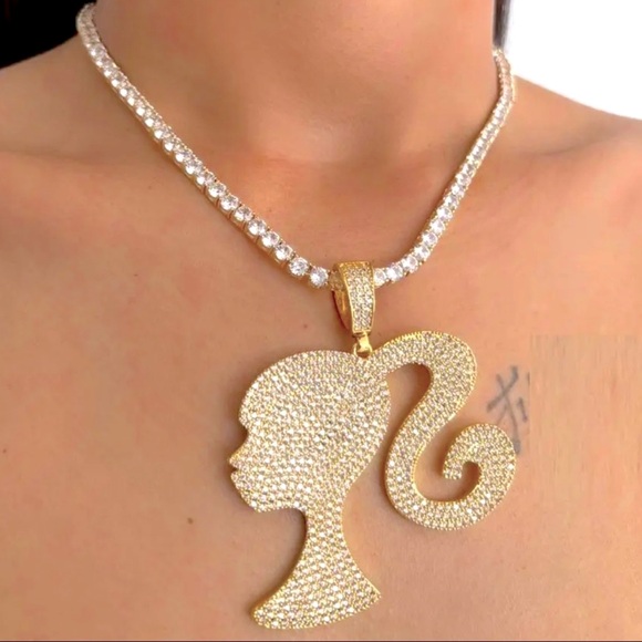 Iced Out Bling Barbie Girl Diamond Gold Tennis Chain - Picture 2 of 2